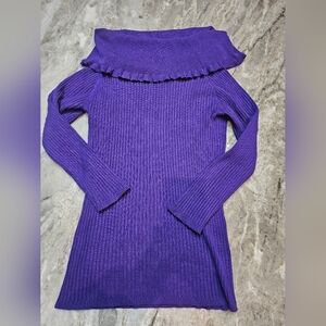 United States Sweaters Purple Off Shoulder Ruffle Ribbed Sweater Tunic PM Petite